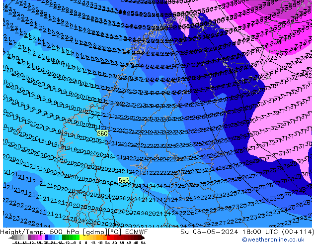 Z500/Rain (+SLP)/Z850 ECMWF Su 05.05.2024 18 UTC