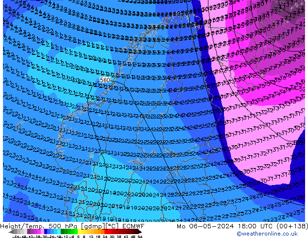 Z500/Rain (+SLP)/Z850 ECMWF Po 06.05.2024 18 UTC