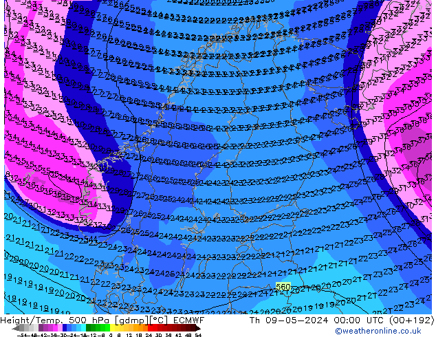 Z500/Rain (+SLP)/Z850 ECMWF Th 09.05.2024 00 UTC