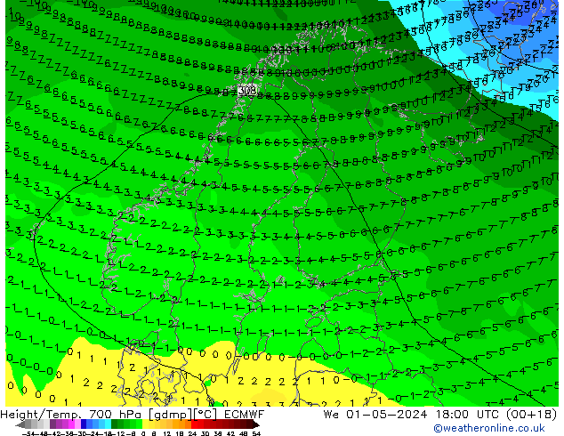 Height/Temp. 700 hPa ECMWF Qua 01.05.2024 18 UTC