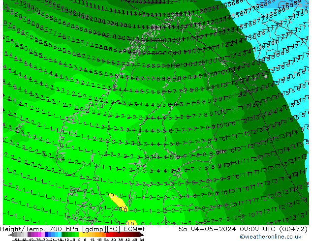 Geop./Temp. 700 hPa ECMWF sáb 04.05.2024 00 UTC