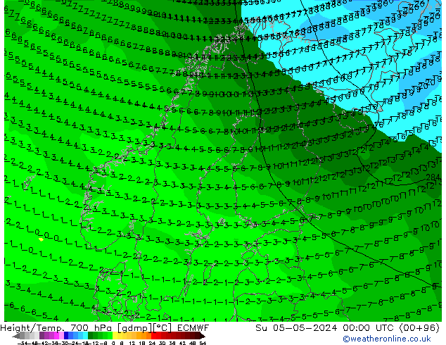 Height/Temp. 700 hPa ECMWF Ne 05.05.2024 00 UTC