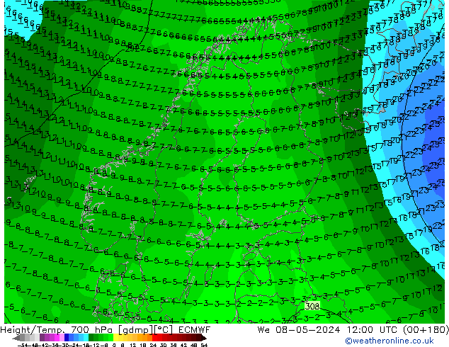 Height/Temp. 700 hPa ECMWF We 08.05.2024 12 UTC