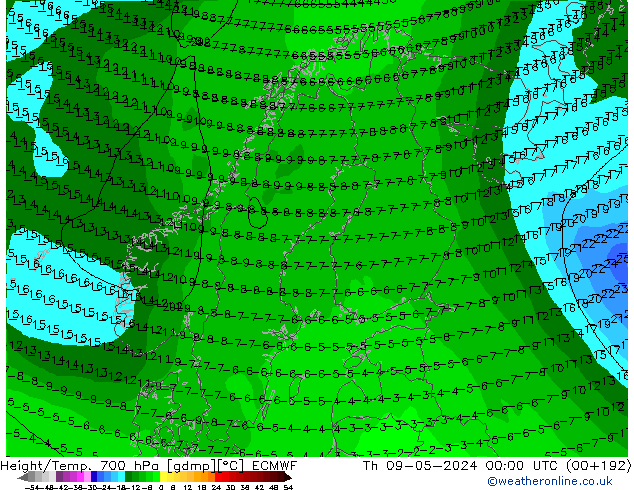 Yükseklik/Sıc. 700 hPa ECMWF Per 09.05.2024 00 UTC