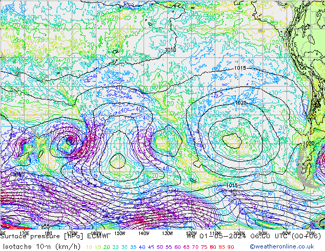 Isotaca (kph) ECMWF mié 01.05.2024 06 UTC