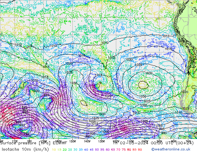 Isotachs (kph) ECMWF  02.05.2024 00 UTC