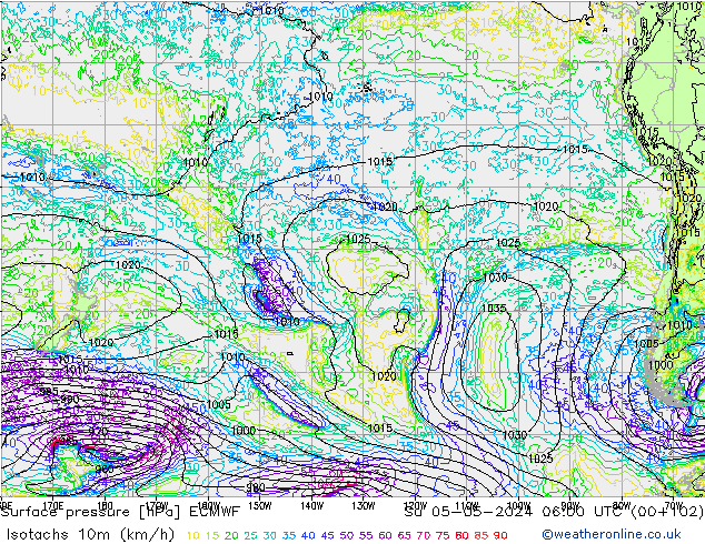 Isotachen (km/h) ECMWF zo 05.05.2024 06 UTC