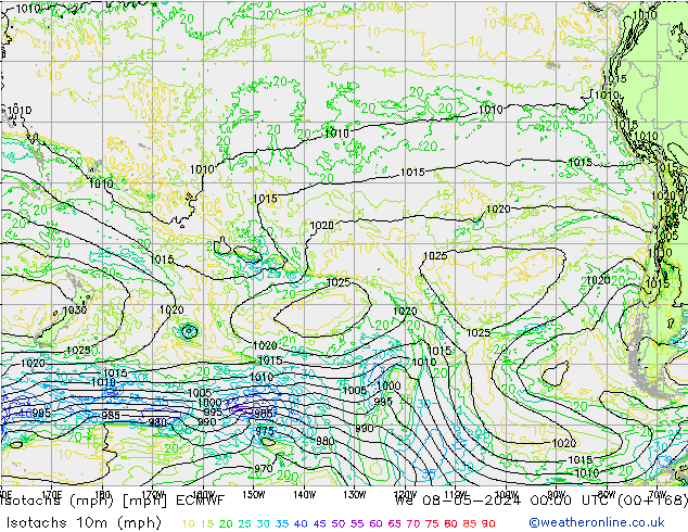 Isotachs (mph) ECMWF We 08.05.2024 00 UTC