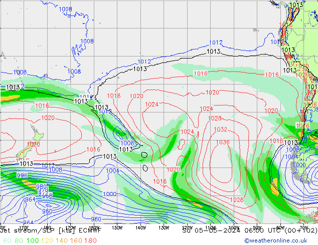 Straalstroom/SLP ECMWF zo 05.05.2024 06 UTC