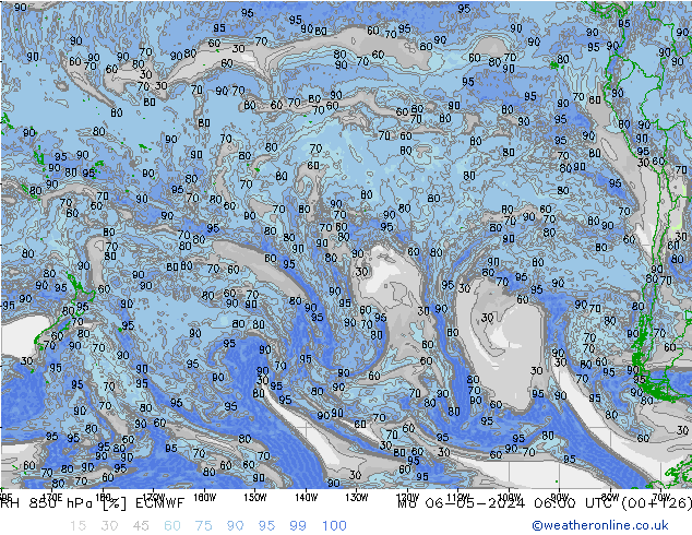 Humedad rel. 850hPa ECMWF lun 06.05.2024 06 UTC