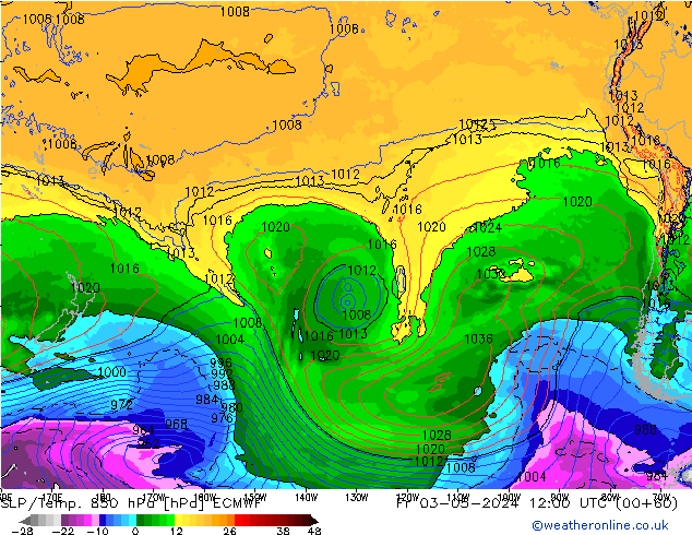 SLP/Temp. 850 hPa ECMWF pt. 03.05.2024 12 UTC