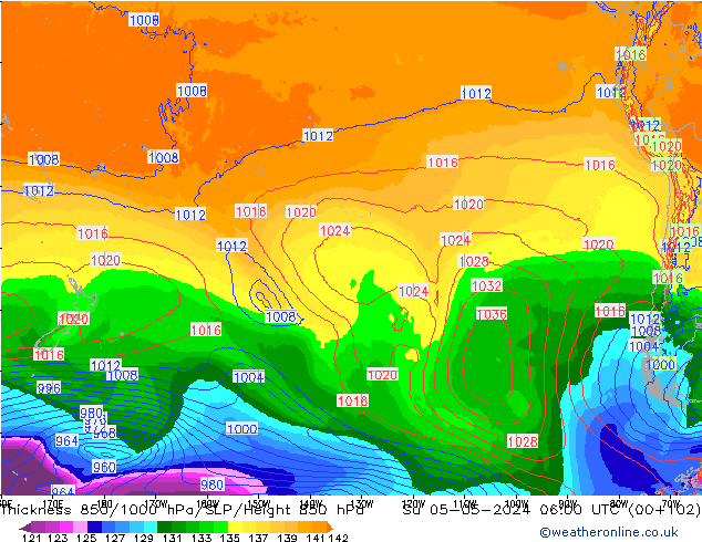 Dikte 850-1000 hPa ECMWF zo 05.05.2024 06 UTC