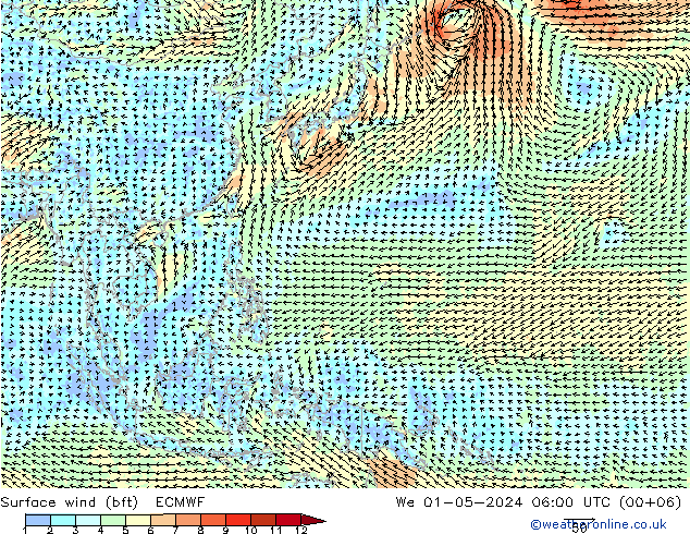 Surface wind (bft) ECMWF We 01.05.2024 06 UTC