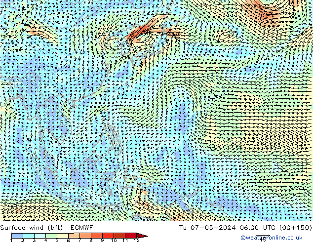 Vent 10 m (bft) ECMWF mar 07.05.2024 06 UTC