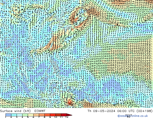 Surface wind (bft) ECMWF Th 09.05.2024 06 UTC