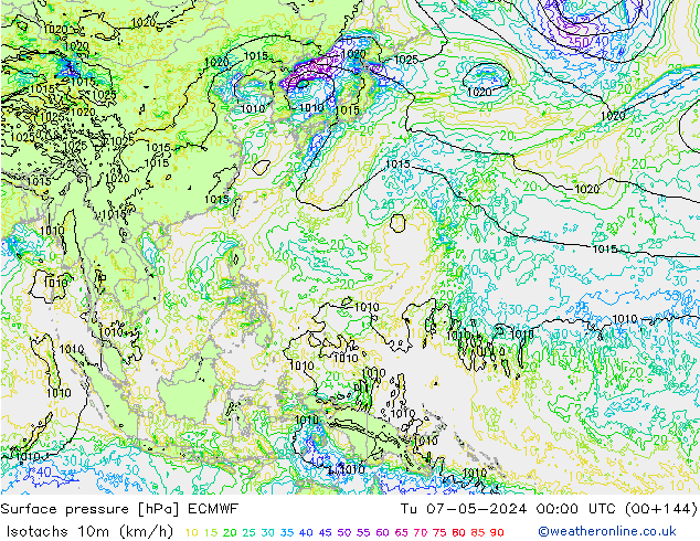 Isotachs (kph) ECMWF mar 07.05.2024 00 UTC