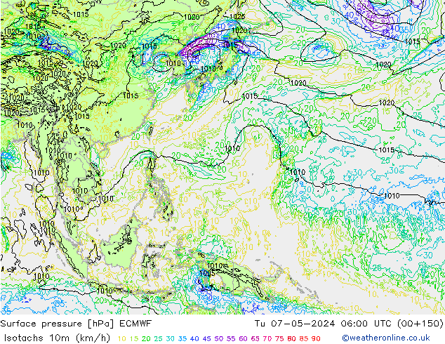 Isotachs (kph) ECMWF mar 07.05.2024 06 UTC