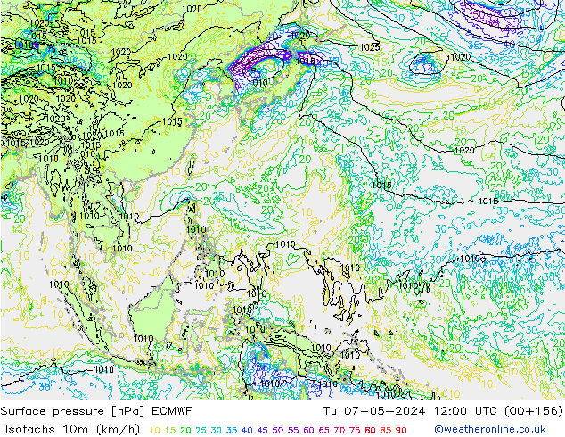 Isotachs (kph) ECMWF вт 07.05.2024 12 UTC