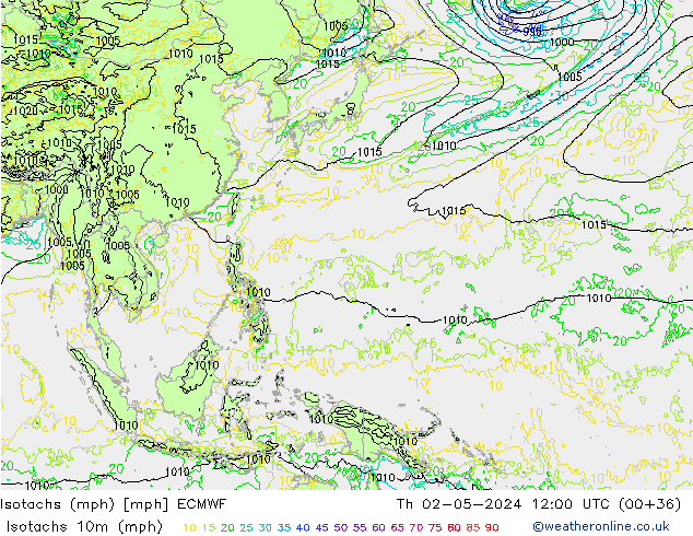 Isotachs (mph) ECMWF Th 02.05.2024 12 UTC