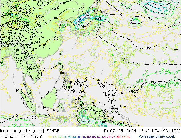 Isotachs (mph) ECMWF Tu 07.05.2024 12 UTC