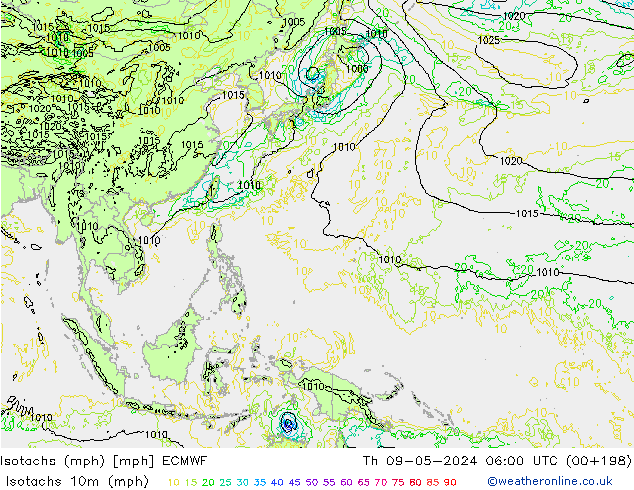 Isotachs (mph) ECMWF Th 09.05.2024 06 UTC