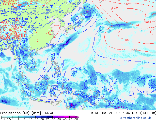 Precipitation (6h) ECMWF Th 09.05.2024 06 UTC