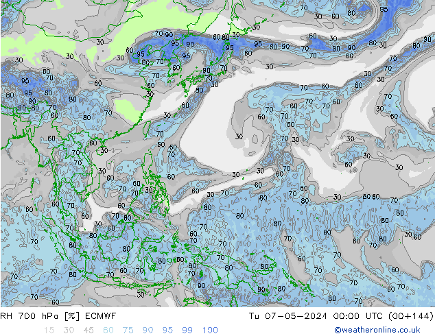 Humidité rel. 700 hPa ECMWF mar 07.05.2024 00 UTC