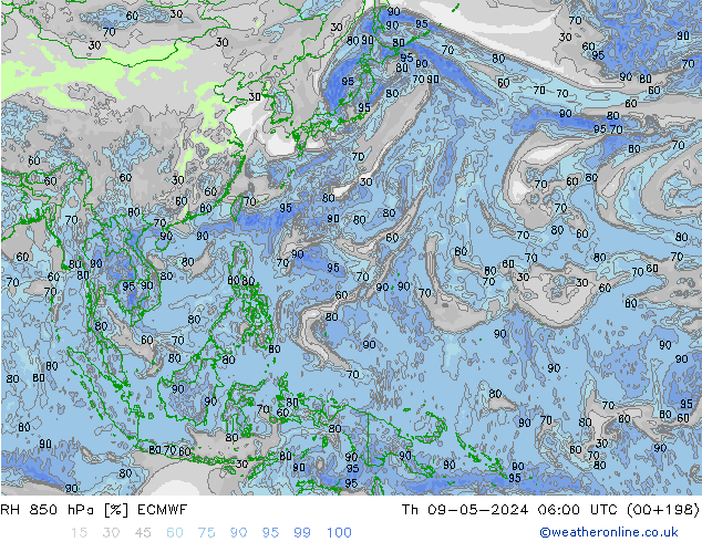 RH 850 hPa ECMWF Th 09.05.2024 06 UTC