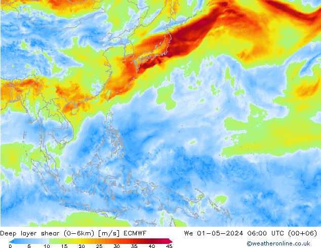 Deep layer shear (0-6km) ECMWF We 01.05.2024 06 UTC