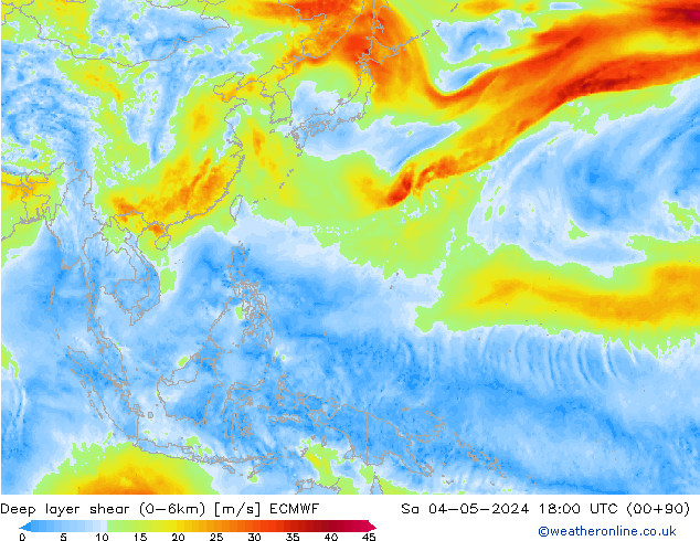 Deep layer shear (0-6km) ECMWF Sa 04.05.2024 18 UTC