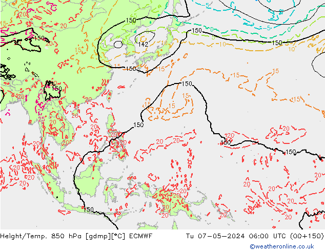 Géop./Temp. 850 hPa ECMWF mar 07.05.2024 06 UTC