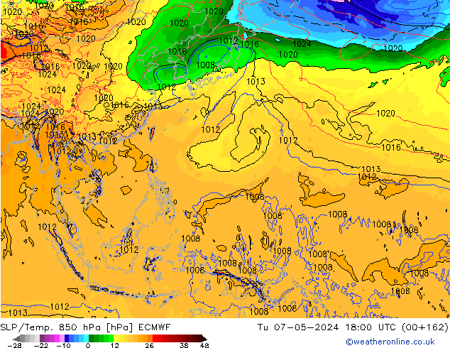 SLP/Temp. 850 hPa ECMWF Tu 07.05.2024 18 UTC