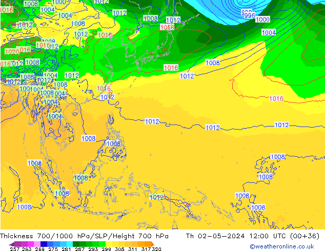 Thck 700-1000 hPa ECMWF Čt 02.05.2024 12 UTC