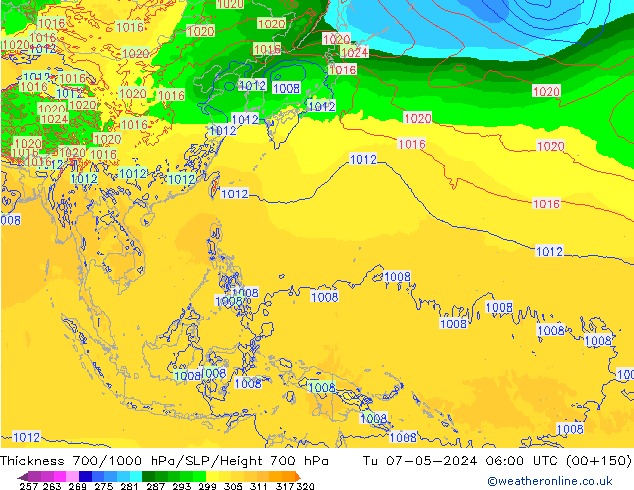 Thck 700-1000 гПа ECMWF вт 07.05.2024 06 UTC