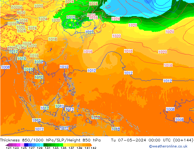 Thck 850-1000 гПа ECMWF вт 07.05.2024 00 UTC