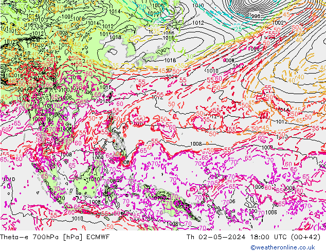 Theta-e 700hPa ECMWF jeu 02.05.2024 18 UTC