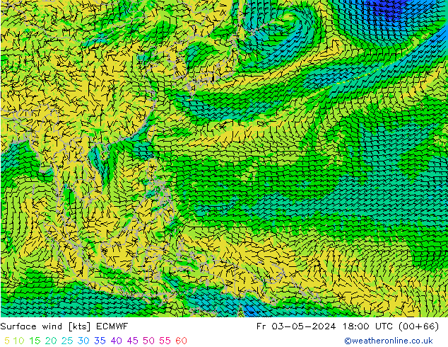 wiatr 10 m ECMWF pt. 03.05.2024 18 UTC