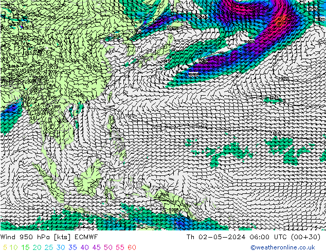 Vento 950 hPa ECMWF gio 02.05.2024 06 UTC