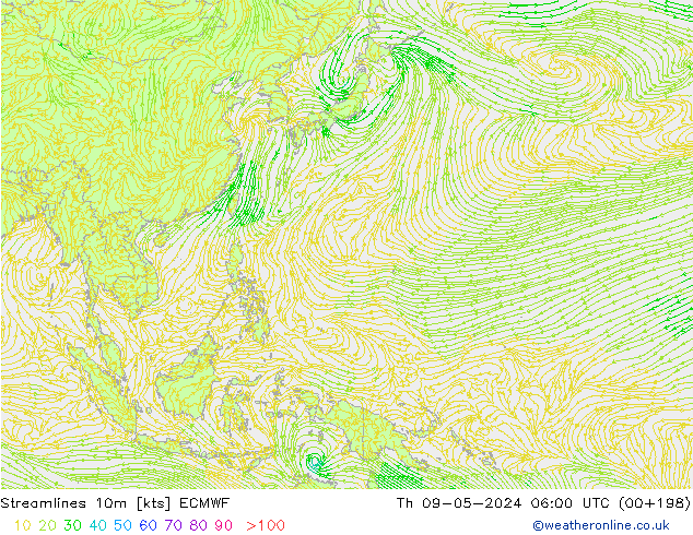 Streamlines 10m ECMWF Th 09.05.2024 06 UTC