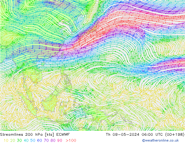 Streamlines 200 hPa ECMWF Th 09.05.2024 06 UTC