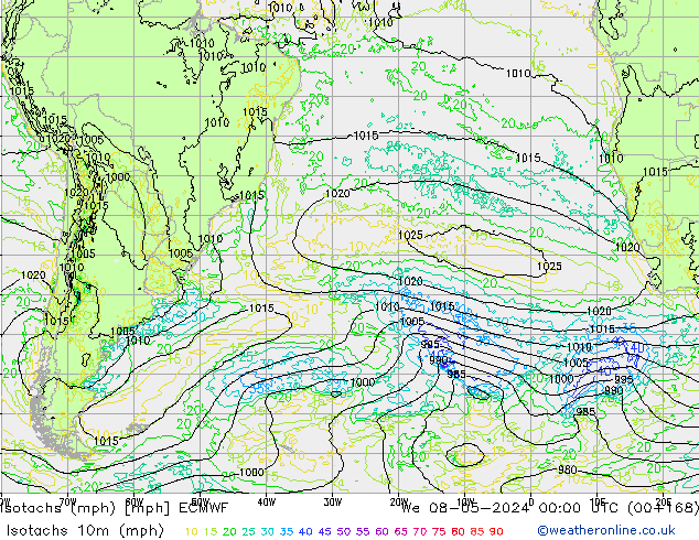 Isotachs (mph) ECMWF We 08.05.2024 00 UTC