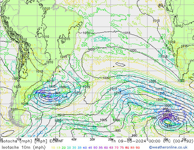 Izotacha (mph) ECMWF czw. 09.05.2024 00 UTC