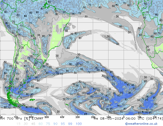 RH 700 hPa ECMWF Qua 08.05.2024 06 UTC