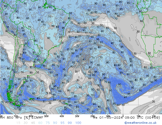 RH 850 hPa ECMWF Qua 01.05.2024 09 UTC