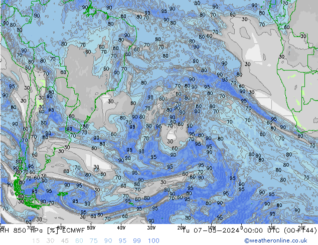 RH 850 hPa ECMWF wto. 07.05.2024 00 UTC