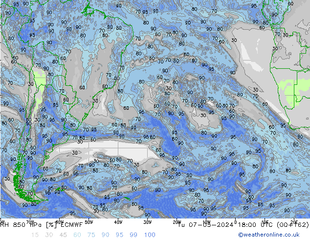 RH 850 hPa ECMWF Tu 07.05.2024 18 UTC