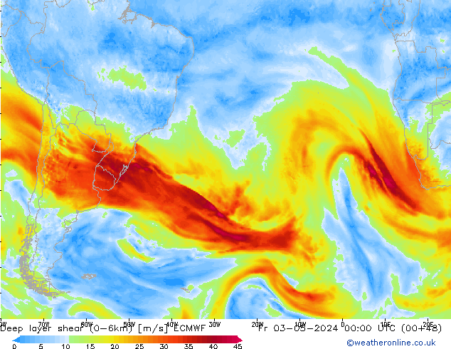 Deep layer shear (0-6km) ECMWF ven 03.05.2024 00 UTC