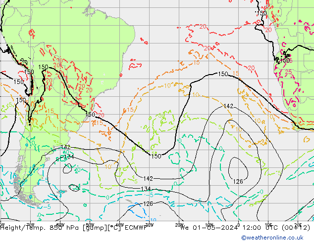 Z500/Yağmur (+YB)/Z850 ECMWF Çar 01.05.2024 12 UTC