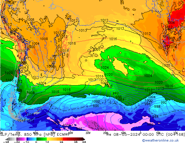 SLP/Temp. 850 hPa ECMWF mer 08.05.2024 00 UTC