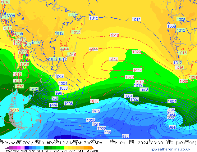 Thck 700-1000 гПа ECMWF чт 09.05.2024 00 UTC